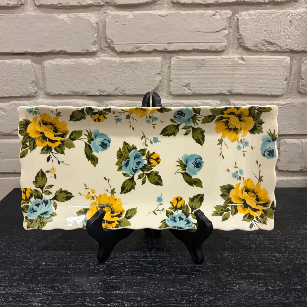 Pioneer Woman Yellow Blue Floral Scalloped Rectangular Serving Tray Cottagecore